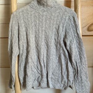 Garnet Hill Light Gray Cable Knit Cashmere Turtleneck Sweater